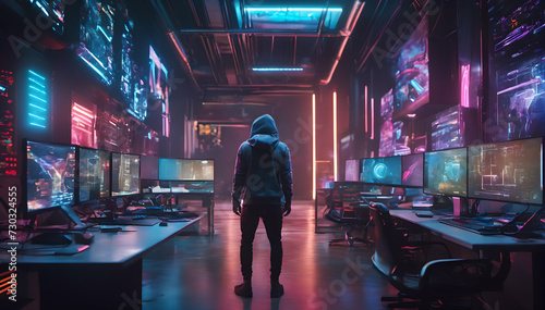 a young hacker with a backpack standing in a room full of computers and screens in a neon lit environment