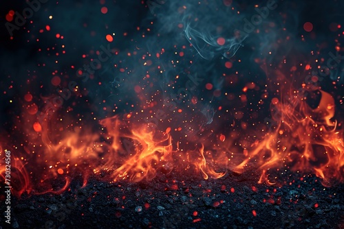 Background with fire sparks, embers and smoke. Overlay effect of burn coal, grill, hell or bonfire with flame glow, flying red sparkles and fog on black background, vector realistic poster