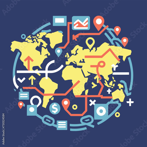 2d vector illustration colorful trading over the world map money bitcoin crypto 
