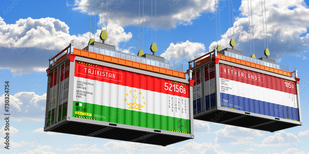Shipping containers with flags of Tajikistan and Netherlands - 3D illustration