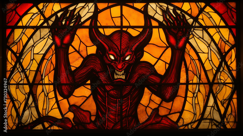 Stained glass window of a satanic church featuring the image of a red-horned demon with raised hands and a malicious smile showing fangs, with golden and orange light in the background - obrazy, fototapety, plakaty 
