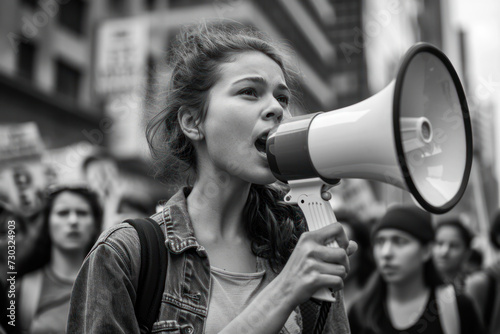Young woman leads protest with megaphone during street demonstration. Civil rights activism.