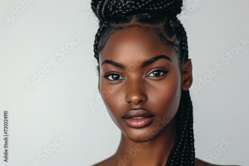 Confident young woman with stylish braided hairstyle. Beauty and fashion.