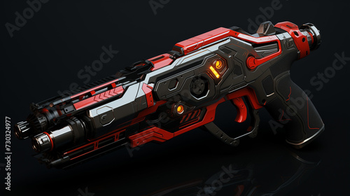 Futuristic firearm and plasma weapon, with modern components, red parts, lights, and trigger for shooting. Science fiction object isolated on a black background