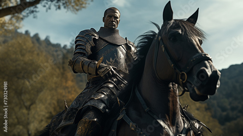 Dreadful medieval knight in metallic armor riding on a black horse, during the day with the background landscape of a forest with trees. View from below © Domingo