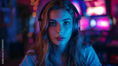 Woman Wearing Headphones in a Dark Room © mattegg