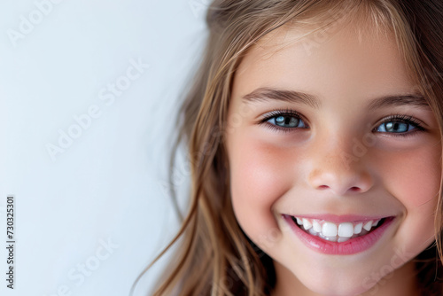 Smiling young girl portrait on clean background. Child happiness and innocence.