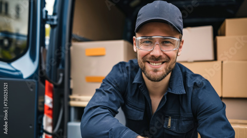 smiling delivery man in a blue uniform and safety goggles is handling boxes near a delivery van