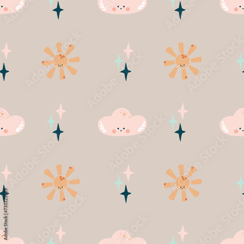 Cute bohemian baby seamless pattern with clouds, stars, sun. Vector pattern in boho style.