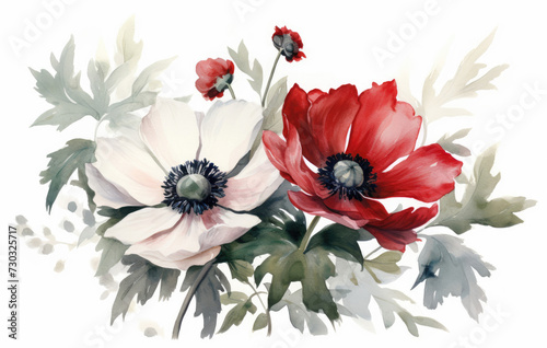 A Painting of Red and White Flowers on a White Background