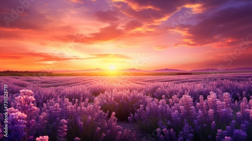 Violet lavender flowers blooming at golden hour sunset. AI Generated 
