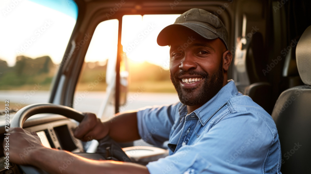 smiling bearded truck driver wearing a cap and a denim shirt is seated in the cab of a truck smiling bearded truck driver wearing a cap and a denim shirt is seated in the cab of a truck