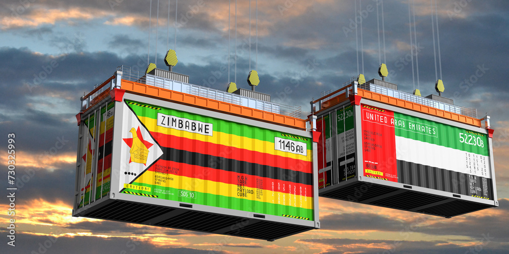 Shipping containers with flags of Zimbabwe and United Arab Emirates - 3D illustration
