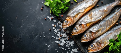 Salted fish on black background with room for text. photo
