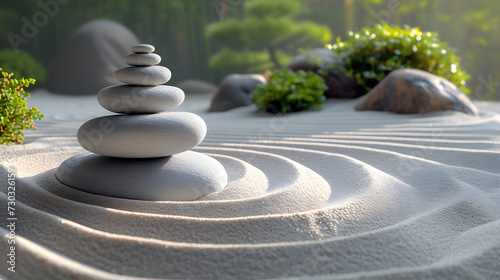 An abstract background drawing inspiration from the serene minimalism of a Zen garden, featuring smooth stone patterns, raked sand textures, and sparse greenery.