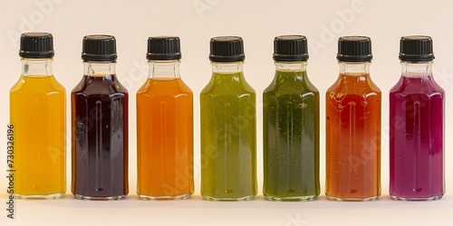 Set with plastic bottles of different juices on white background 