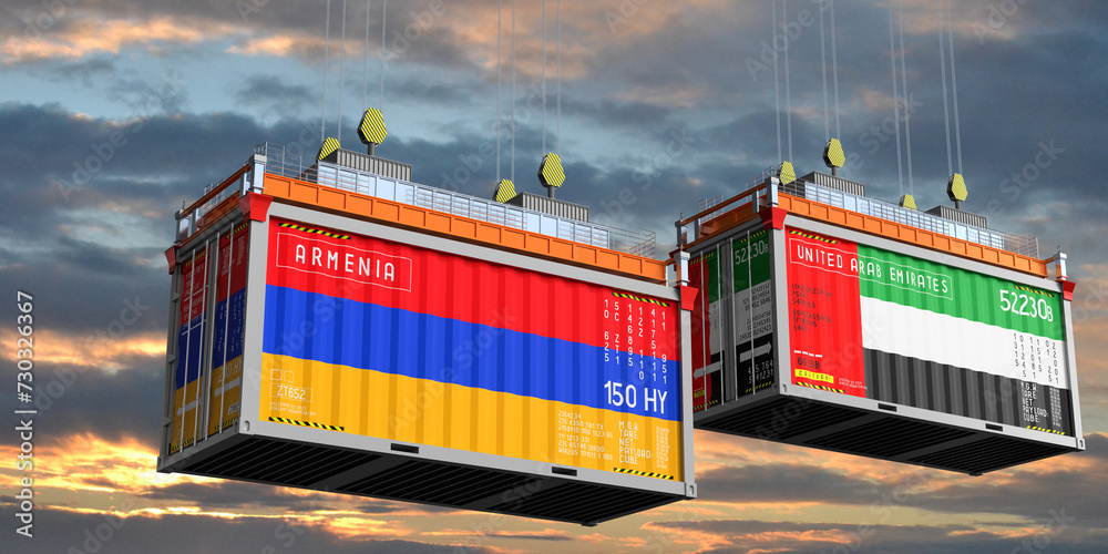 Shipping containers with flags of Armenia and United Arab Emirates - 3D illustration