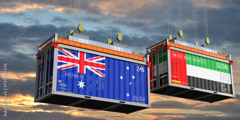 Shipping containers with flags of Australia and United Arab Emirates - 3D illustration
