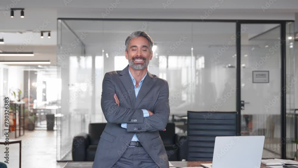 Grey hair 40 years old male portrait. Handsome hispanic senior business man crossed arms smiling at camera. Indian or latin confident mature good looking middle age leader male businessman in office. Grey hair 40 years old male portrait. Handsome hispanic senior business man crossed arms smiling at camera. Indian or latin confident mature good looking middle age leader male businessman in office.