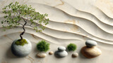 An abstract background drawing inspiration from the serene minimalism of a Zen garden, featuring smooth stone patterns, raked sand textures, and sparse greenery.
