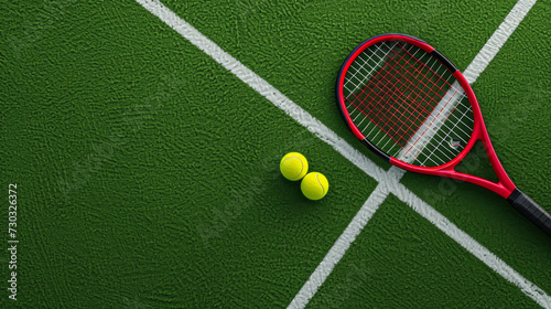 A tennis racket and ball on a green tennis court with white boundary lines. © HelenP