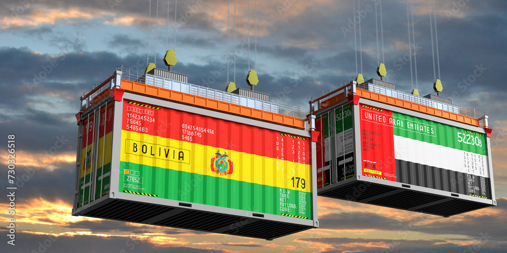 Shipping containers with flags of Bolivia and United Arab Emirates - 3D illustration