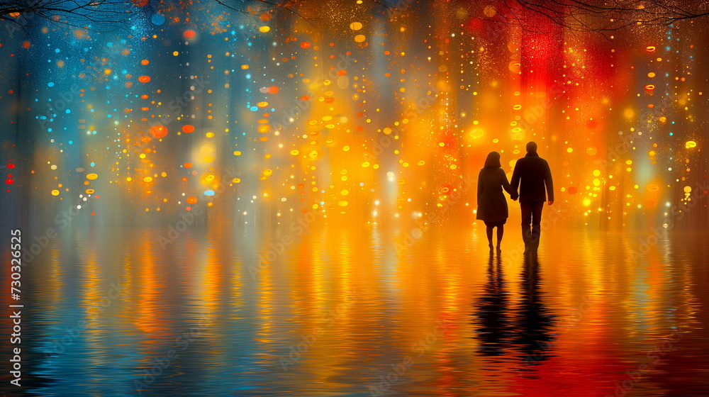 couple walks hand in hand through a mystical, colorful forest, with a dreamlike reflection suggesting a romantic journey