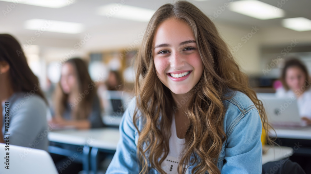 A smiling student with curly hair and a denim jacket is sitting in a classroom, turning around to smile at the camera while others are focused on their laptops. A smiling student with curly hair and a denim jacket is sitting in a classroom, turning around to smile at the camera while others are focused on their laptops.