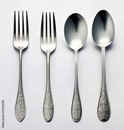 Set of Four Forks and Spoons on White Surface