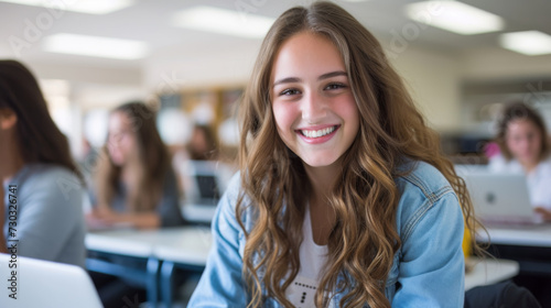 A smiling student with curly hair and a denim jacket is sitting in a classroom, turning around to smile at the camera while others are focused on their laptops.