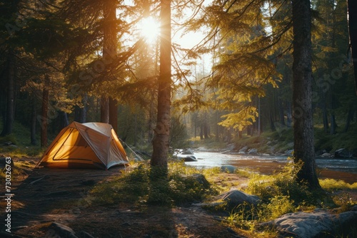 Campsite with a tent in a forest beside a calm river. Adventure and escape from urban life.