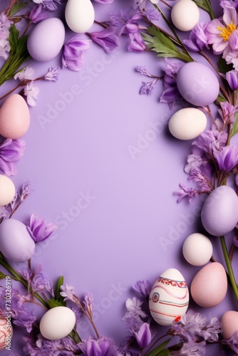 Lavender background with colorful easter eggs round frame