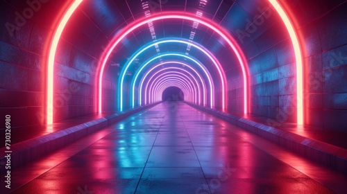 Bright neon lights and futuristic designs create a dynamic, energetic atmosphere