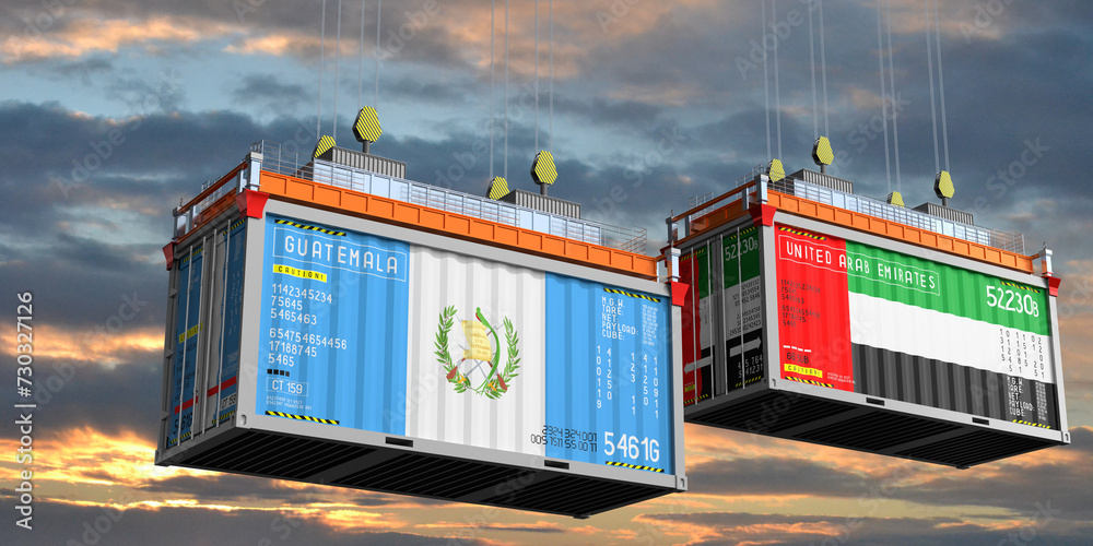 Shipping containers with flags of Guatemala and United Arab Emirates - 3D illustration
