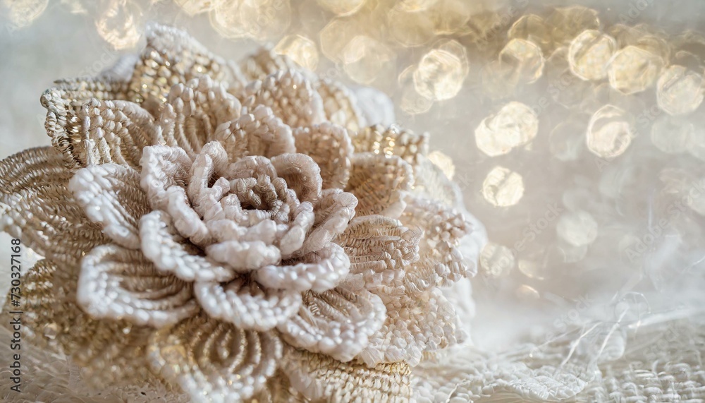 delicate knitted flower made of beige thread and lace in shiny background