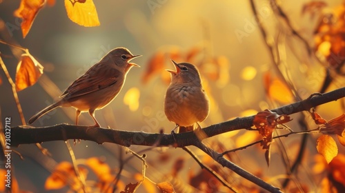 cute birds i with microphone on the tree singing songs.,spring concept photo