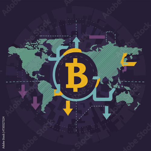 2d vector illustration colorful trading over the world map money bitcoin crypto 
