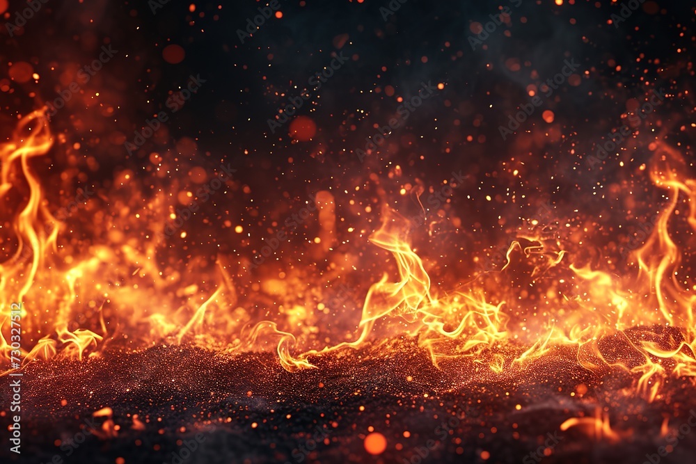 Fire and ember overlay effect and smoke background. Grill hot flame with flying spark particle and ash in hell. Festive firestorm burnt particles vector panoramic nature texture with steam and coal.