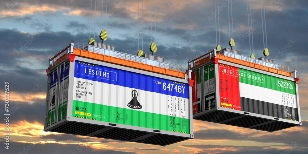 Shipping containers with flags of Lesotho and United Arab Emirates - 3D illustration