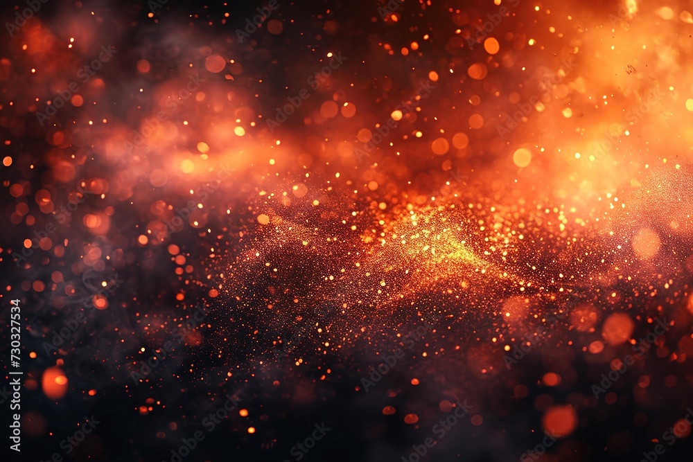 Fire and ember overlay effect and smoke background. Grill hot flame with flying spark particle and ash in hell. Festive firestorm burnt particles vector panoramic nature texture with steam and coal.