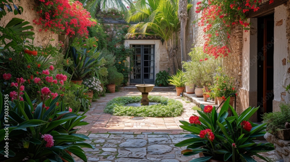 Lush blooms surround a hidden courtyard within the castle's walls