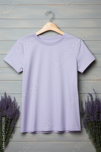 Lavender t shirt is seen against a gray wall