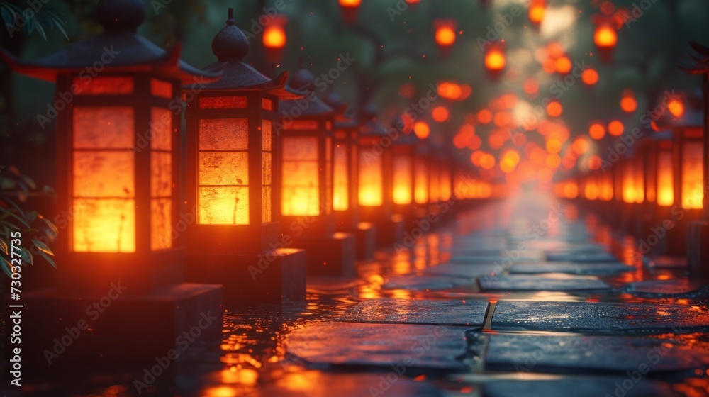 Naklejka premium Rows of radiant lanterns illuminate the scene, exuding a warm and celebratory ambiance