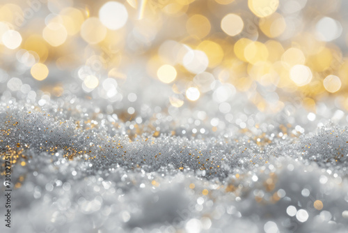 Glittering snow texture with golden bokeh lights. Festive winter background with copy space.