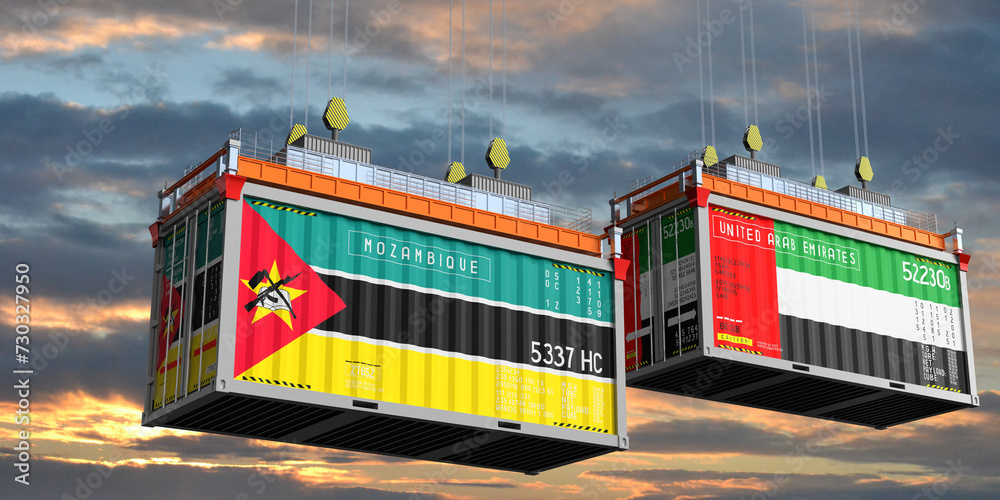Shipping containers with flags of Mozambique and United Arab Emirates - 3D illustration