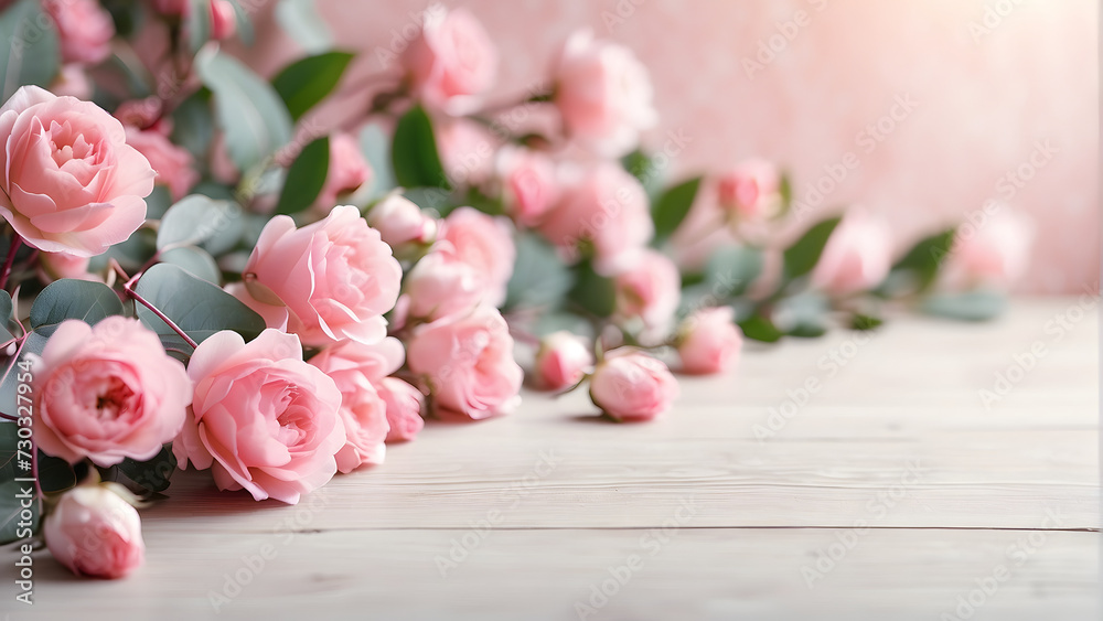Pink roses and eucalyptus branches on a white wooden background
