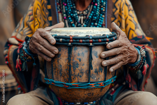 A close-up image of an African man playing the drum