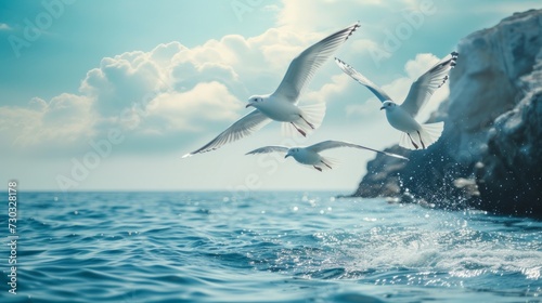 Seagulls glide above, witnessing the eternal dance of land and sea