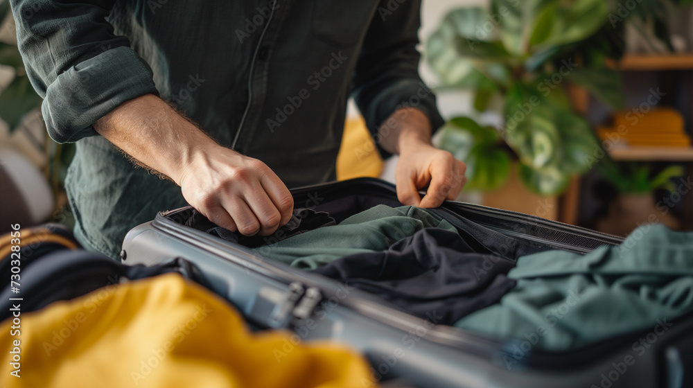Close up hands of man preparation of putting clothes to travel suitcase for vacation Close up hands of man preparation of putting clothes to travel suitcase for vacation