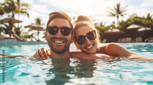 happy couple wearing sunglasses and smiling at the camera while embracing in a swimming pool on a sunny day with palm trees in the background.
